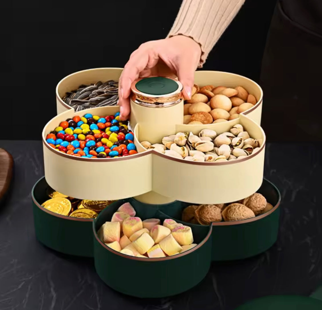2 Layer Rotating Dry Fruit Tray, Flower Shaped Dry Fruit Storage Organizer, Candy Food Serving Tray 2 Layer Rotating Dry Fruit Tray, Flower Shaped Dry Fruit Storage Organizer, Candy Food Serving Tray